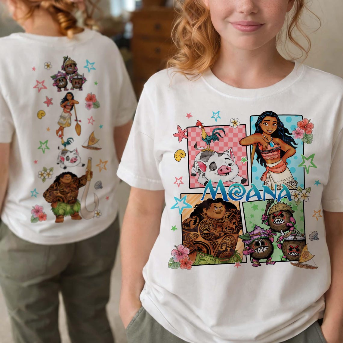Moana Characters Front And Back PNG featuring Moana, Maui, Pua, Hei Hei, Kakamora, tropical flowers, and Disney-inspired artwork