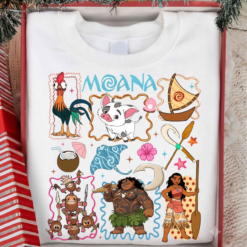 Moana Characters PNG Design featuring Moana, Maui, Hei Hei, Pua, Kakamora, canoe, and tropical island elements