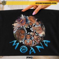 Moana Family Watercolor PNG design with tropical characters in circular watercolor brushstroke artwork on black background