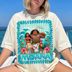 Moana Maui Pua Hei Hei PNG design featuring tropical flowers, ocean waves, fish, and Disney-inspired island adventure artwork