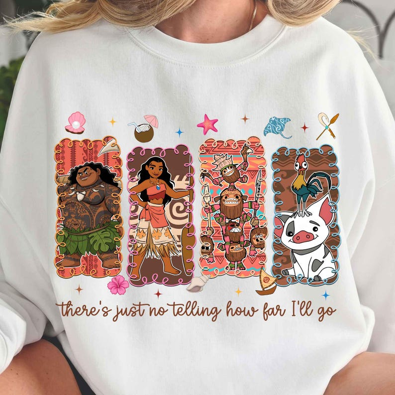 Moana There’s Just No Telling How Far I’ll Go PNG featuring Moana, Maui, Hei Hei, Pua, and Kakamora with tropical island artwork
