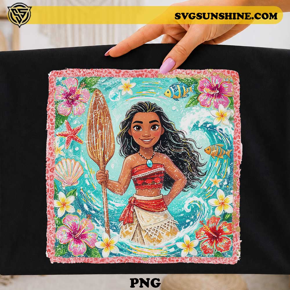 Moana Tropical Beach PNG featuring tropical flowers, ocean waves, fish, seashells, and Disney-inspired island artwork