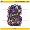Normal Was Never An Option Cheshire Cat PNG featuring a purple striped fantasy cat with clocks, mushrooms, teacups, books, and Wonderland-inspired artwork.