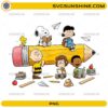 Peanuts Back To School Pencil PNG featuring classic classroom characters around a giant pencil with school supplies