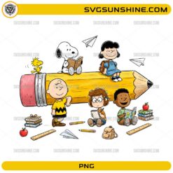 Peanuts Back To School Pencil PNG featuring classic classroom characters around a giant pencil with school supplies