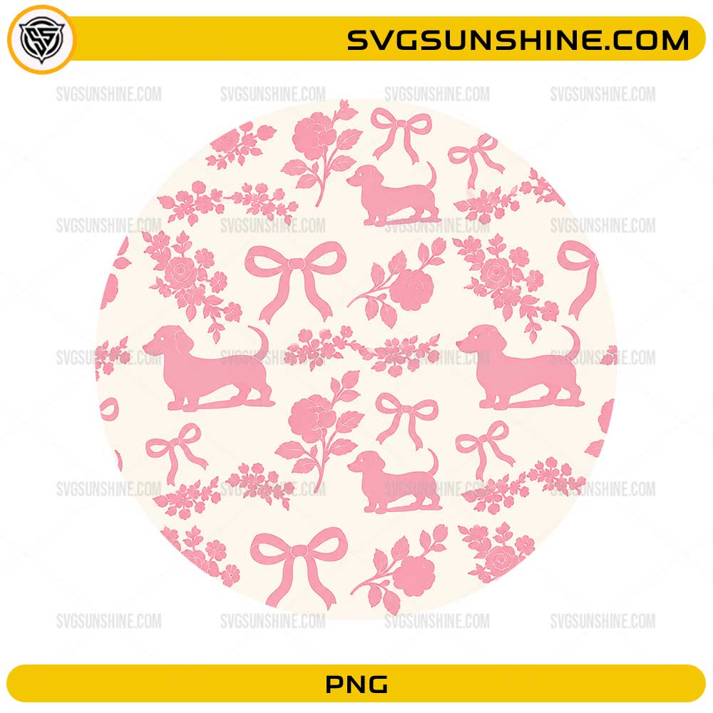 Pink Floral Dachshund Coaster PNG design with cute sausage dogs, roses, floral garlands, and bows for sublimation printing