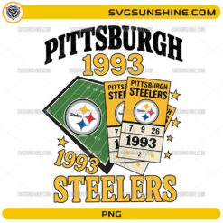 Pittsburgh 1993 Steelers PNG featuring vintage football-inspired artwork with retro game tickets and football field graphics for sublimation and t-shirt printing.