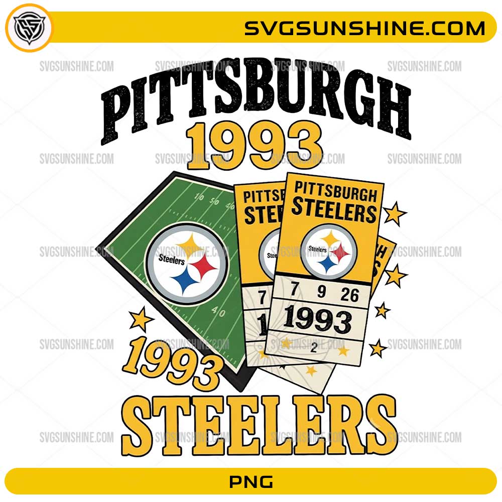 Pittsburgh 1993 Steelers PNG featuring vintage football-inspired artwork with retro game tickets and football field graphics for sublimation and t-shirt printing.