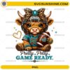 Pretty Petty Game Ready Highland Cow PNG with football helmet, leopard bow, football, and turquoise accents.