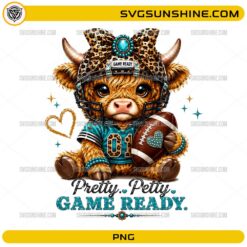 Pretty Petty Game Ready Highland Cow PNG with football helmet, leopard bow, football, and turquoise accents.