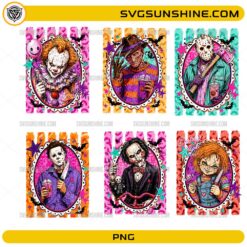 Retro Horror Characters PNG Bundle featuring six vintage horror-inspired slasher character designs for Halloween sublimation.