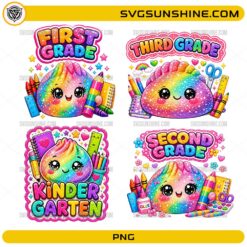 School Grade Dumpling Bundle PNG featuring Kindergarten, First Grade, Second Grade, and Third Grade rainbow dumpling designs with school supplies
