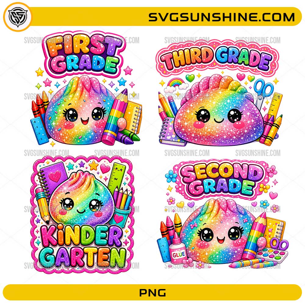 School Grade Dumpling Bundle PNG featuring Kindergarten, First Grade, Second Grade, and Third Grade rainbow dumpling designs with school supplies