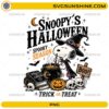 Snoopy's Halloween Spooky Season PNG featuring a cute witch beagle with cauldron, pumpkin, bats, and Halloween decorations