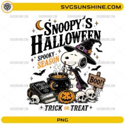Snoopy's Halloween Spooky Season PNG featuring a cute witch beagle with cauldron, pumpkin, bats, and Halloween decorations