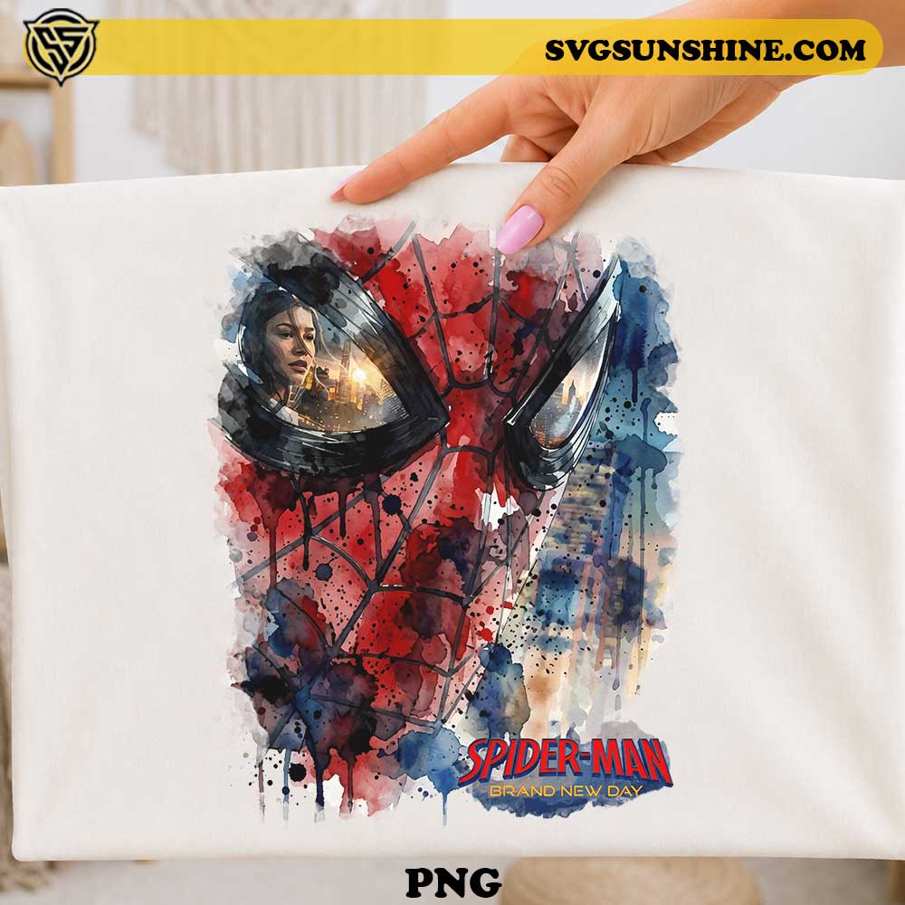 Spider-Man Brand New Day 2026 watercolor PNG design featuring colorful superhero mask artwork