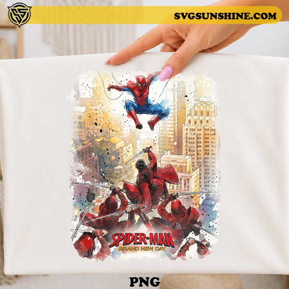 Spider-Man Brand New Day battle scene PNG design featuring Spider-Man fighting enemies above a city skyline