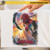 Spider-Man Brand New Day city battle PNG design featuring Spider-Man overlooking a city skyline with dramatic watercolor effects