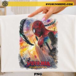 Spider-Man Brand New Day city battle PNG design featuring Spider-Man overlooking a city skyline with dramatic watercolor effects