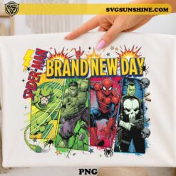 Spider-Man Brand New Day Comic Heroes PNG Design featuring colorful retro comic book superhero artwork