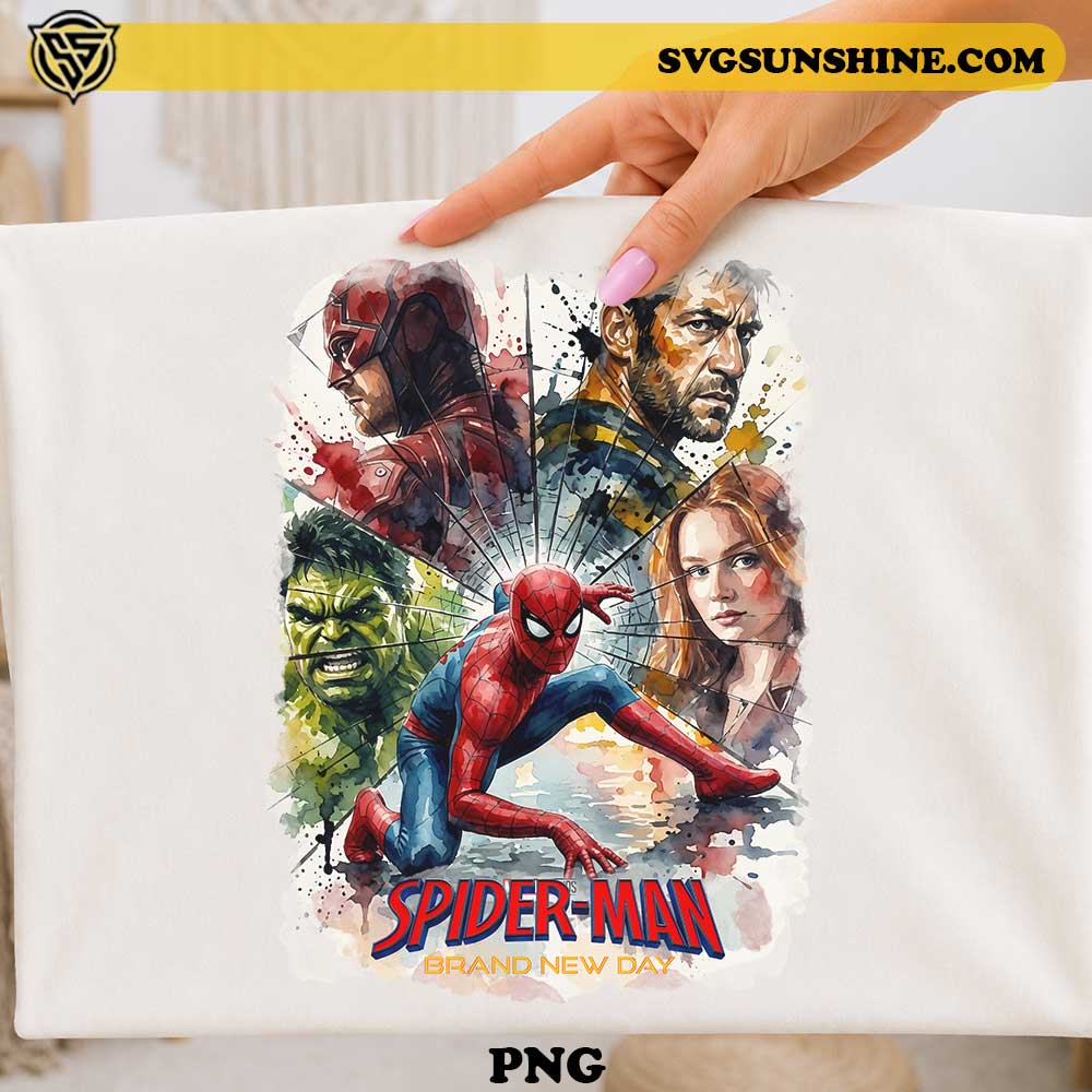 Spider-Man Brand New Day movie poster PNG design featuring superhero action and watercolor character artwork