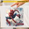Spider-Man Brand New Day PNG Design featuring Spider-Man swinging through the city in watercolor style