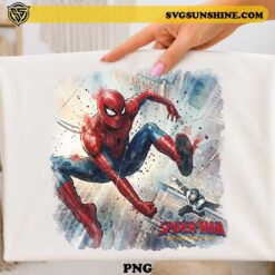 Spider-Man Brand New Day PNG Design featuring Spider-Man swinging through the city in watercolor style