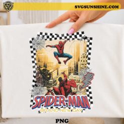 Spider-Man Brand New Day Vintage Comic PNG Design with retro checkerboard pattern, spider webs, and superhero action scene