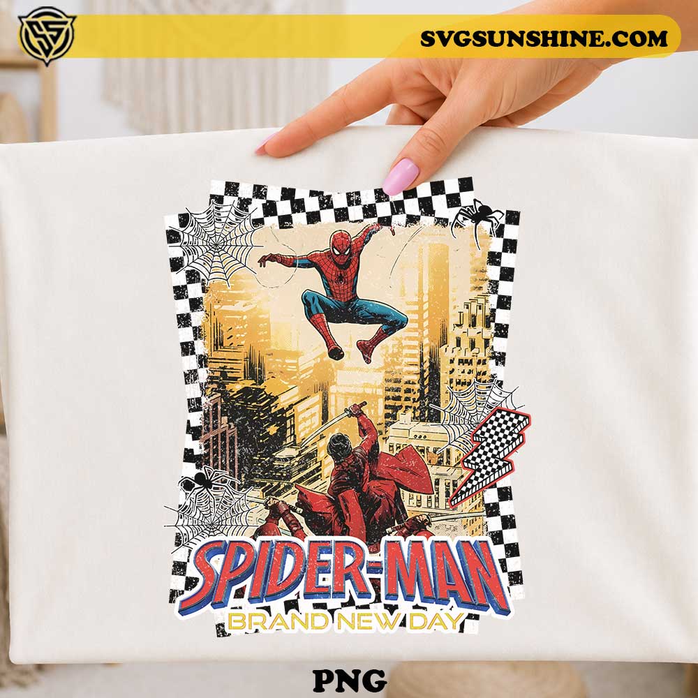 Spider-Man Brand New Day Vintage Comic PNG Design with retro checkerboard pattern, spider webs, and superhero action scene