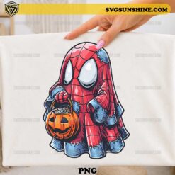 Spider-Man Ghost Halloween PNG cute superhero ghost costume holding pumpkin trick or treat bucket