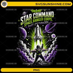 Star Command Space Ranger Corps PNG featuring a retro space ranger, rocket launch, planets, and vintage sci-fi artwork for sublimation and t-shirt printing.