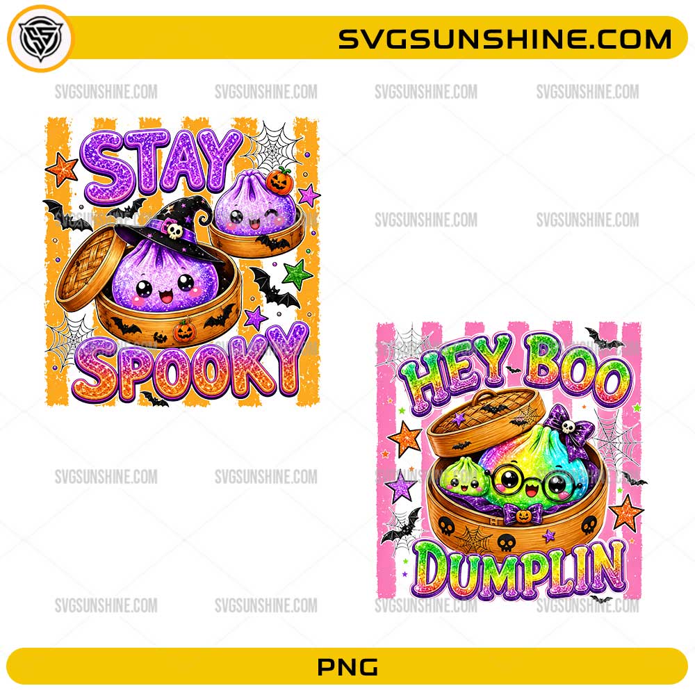Stay Spooky Hey Boo Dumplin PNG with cute Halloween dumplings, witch hats, pumpkins, bats, and spider webs