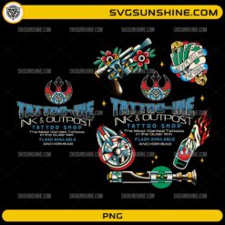 Tattoo-Ine Ink and Outpost PNG featuring retro sci-fi tattoo flash artwork with spaceship blaster playing cards and futuristic tattoo shop graphics