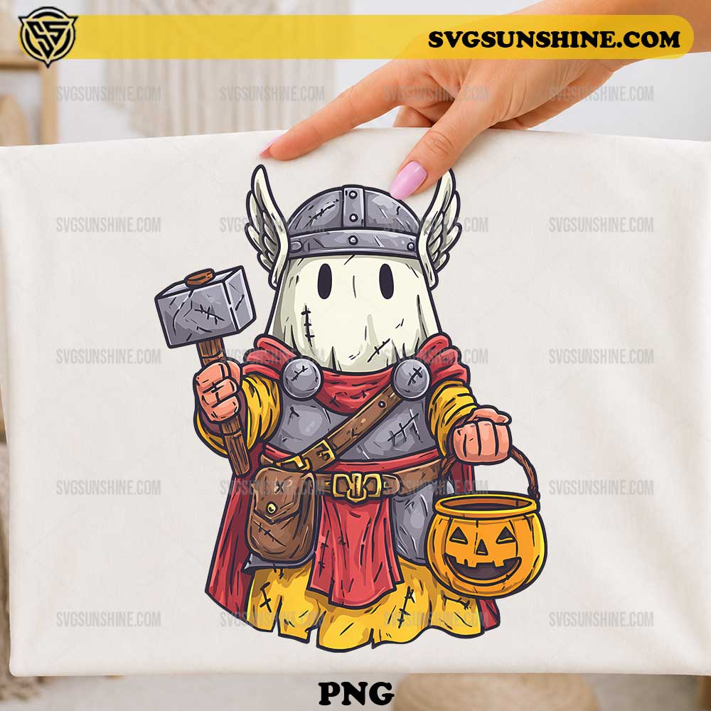 Thor Halloween Ghost PNG cute ghost character with hammer and pumpkin trick or treat bucket