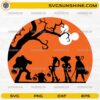 Toy Story Halloween Friends SVG featuring spooky trick or treat character silhouettes with Halloween candy buckets and orange moon background