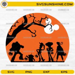 Toy Story Halloween Friends SVG featuring spooky trick or treat character silhouettes with Halloween candy buckets and orange moon background
