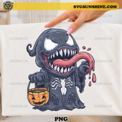 Venom Halloween PNG cute spooky symbiote character holding pumpkin trick or treat bucket