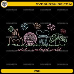 What A Wonderful World PNG featuring colorful theme park inspired skyline with fireworks for sublimation and t-shirt printing.