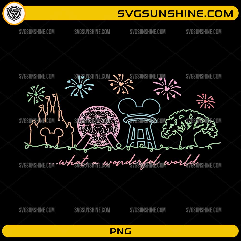 What A Wonderful World PNG featuring colorful theme park inspired skyline with fireworks for sublimation and t-shirt printing.