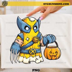 Wolverine Halloween Ghost PNG cute ghost character with claws holding pumpkin trick or treat bucket