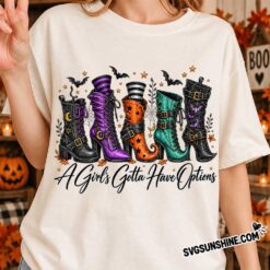 Woman wearing A Girl's Gotta Have Options Halloween Boots PNG design on a Halloween themed t-shirt