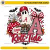 Alabama Crimson Tide Halloween PNG featuring a crimson ghost, football cap, pumpkins, plaid bow, bats, and autumn decorations