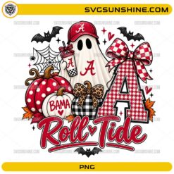 Alabama Crimson Tide Halloween PNG featuring a crimson ghost, football cap, pumpkins, plaid bow, bats, and autumn decorations