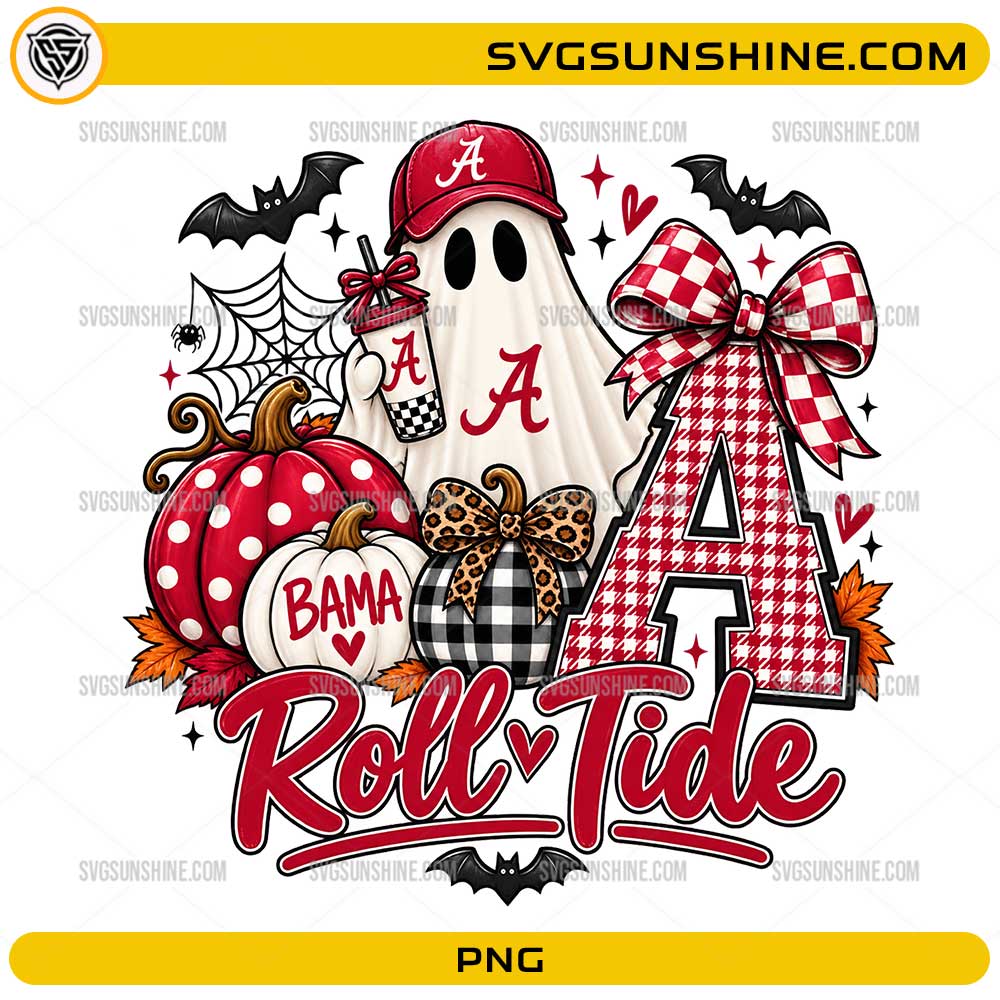 Alabama Crimson Tide Halloween PNG featuring a crimson ghost, football cap, pumpkins, plaid bow, bats, and autumn decorations