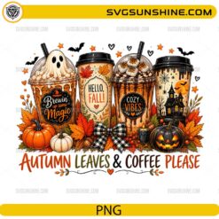 Autumn Leaves and Coffee Please PNG with coffee cups, pumpkins, fall leaves, ghost whipped cream, and Halloween decorations