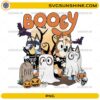 Bluey Halloween PNG featuring Bluey family in skeleton costumes with ghosts, pumpkins, bats, and spooky Halloween decorations