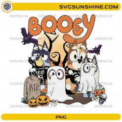 Bluey Halloween PNG featuring Bluey family in skeleton costumes with ghosts, pumpkins, bats, and spooky Halloween decorations