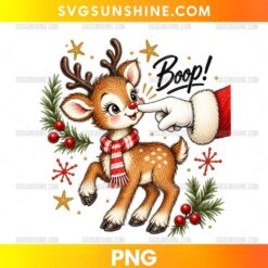 Boop Reindeer PNG featuring a cute Christmas reindeer with red scarf and Santa booping its red nose