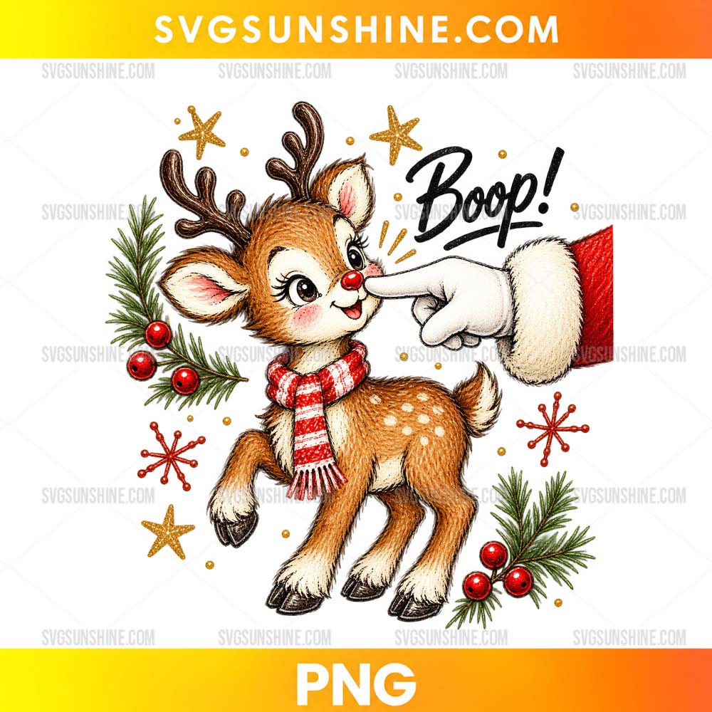 Boop Reindeer PNG featuring a cute Christmas reindeer with red scarf and Santa booping its red nose