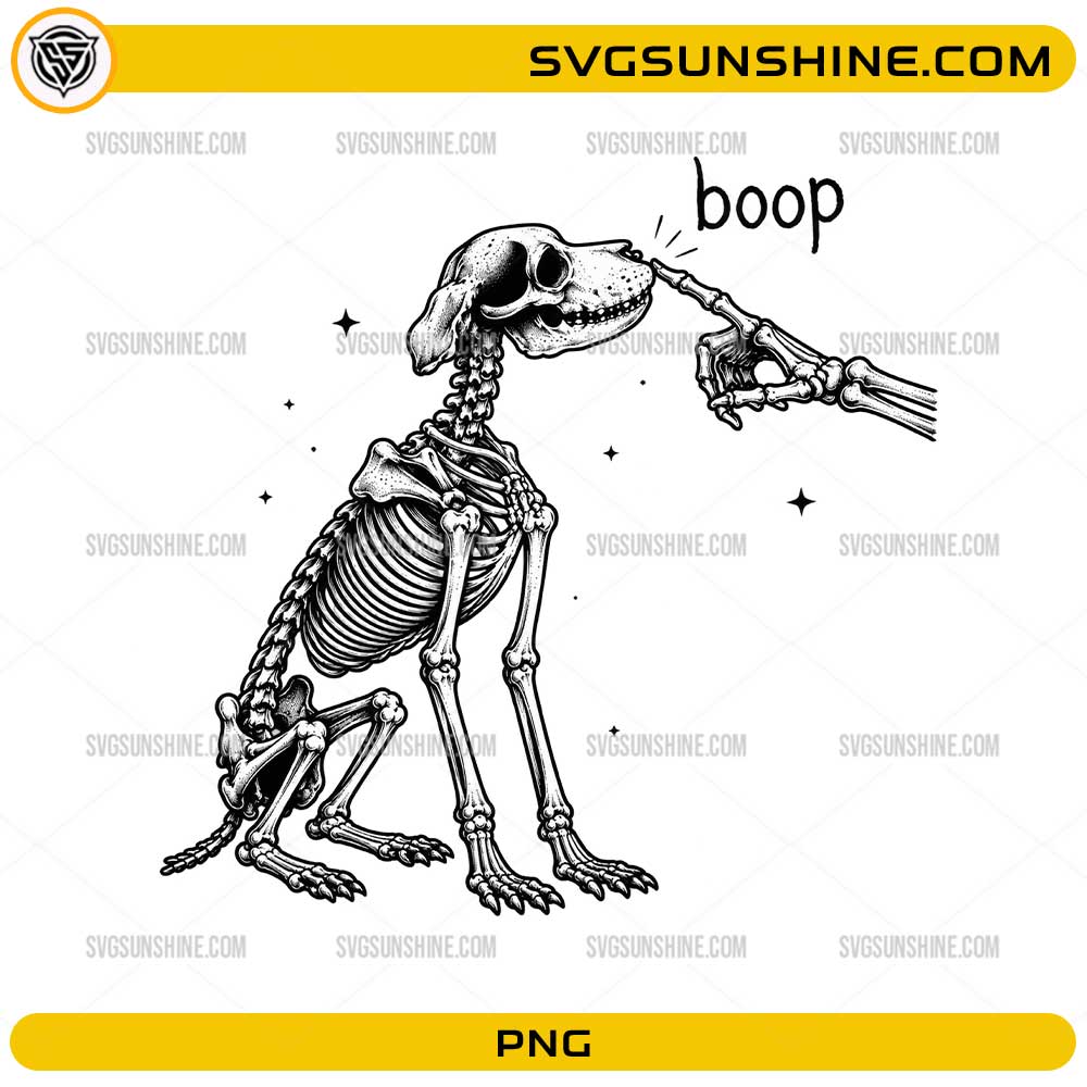 Boop Skeleton Dog PNG featuring a cute dog skeleton and skeletal hand touching its nose